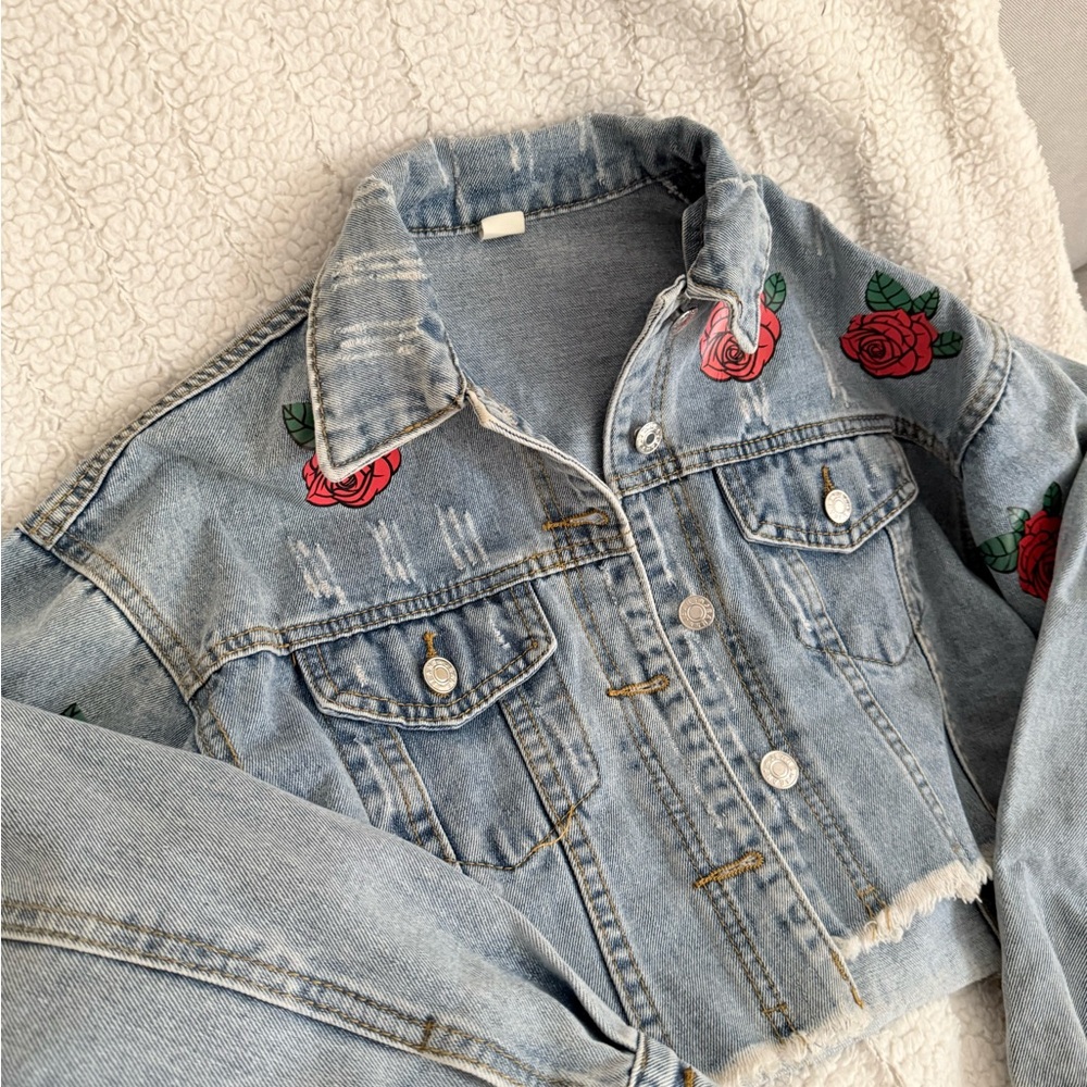 Mega Cropped Denim Jacket with Rose Embroidery by Lulu Simone - Picture 9 of 14